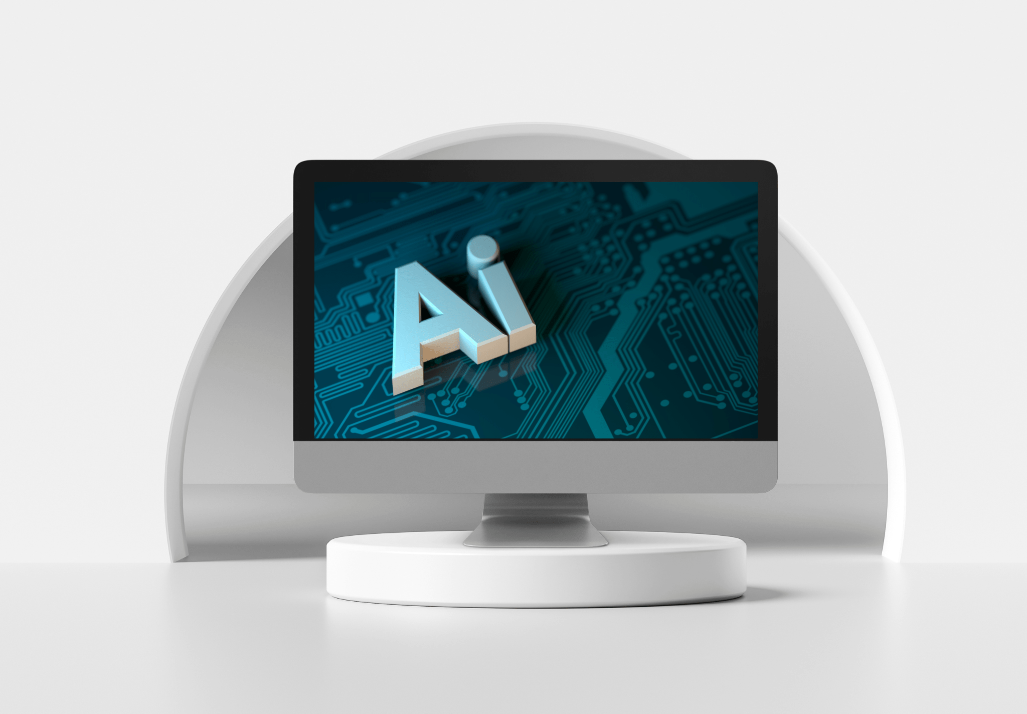 Ein Computermonitor, der die Buchstaben „AI“ auf einem digitalen Platinenhintergrund anzeigt, verkörpert die Essenz der Digitalisierung. Der Bildschirm steht auf einem minimalistischen weißen Ständer mit halbrundem Hintergrund und spiegelt eine klare und moderne Ästhetik wider.