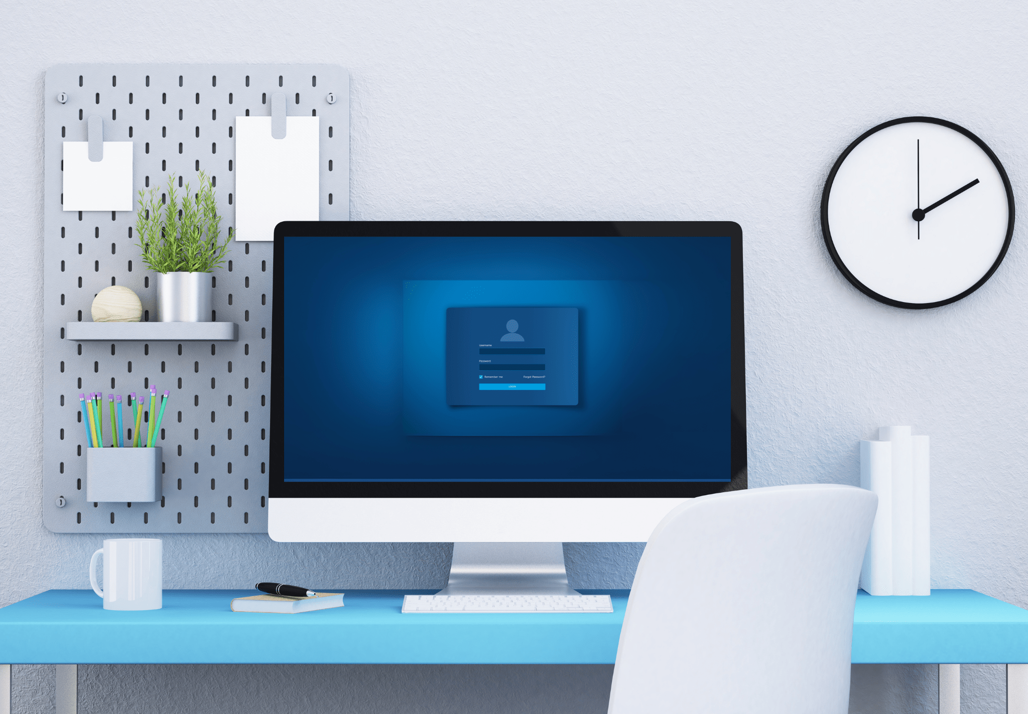 Ein minimalistischer Arbeitsplatz besteht aus einem Computer auf einem blauen Schreibtisch mit einem Anmeldebildschirm für IT-EDEN. Eine Wanduhr zeigt die Zeit an und eine Stecktafel hält Pflanzen und Schreibwaren. Ein weißer Stuhl und ein Buch sind ebenfalls zu sehen und schaffen einen sauberen und organisierten Look, der perfekt für die Softwareentwicklung ist.