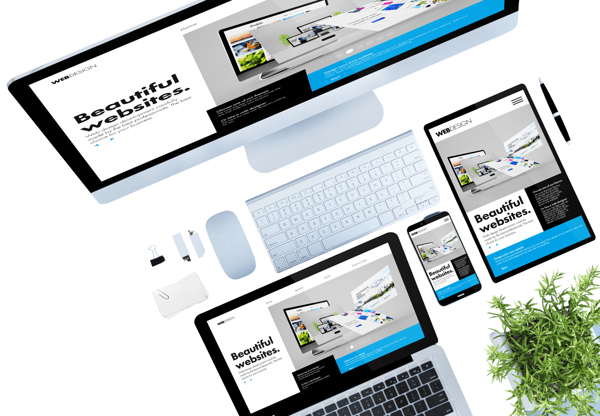 Ein sauberer digitaler Arbeitsplatz mit einem Desktop-Computer, einem Tablet und einem Smartphone, auf dem dasselbe Website-Design mit dem Titel „Schöne Websites“ angezeigt wird. Das Setup umfasst eine Tastatur, eine Maus, einen Stift und eine kleine Topfpflanze.