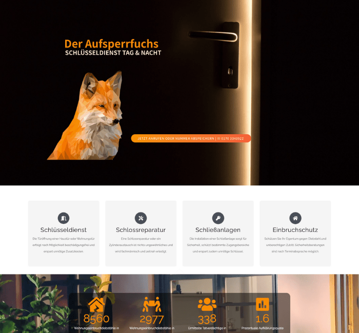 Startseite von Der Aufsperrfuchs mit einem Fuchs-Logo, beleuchteter Tür und Dienstleistungen wie Schlüsseldienst, Schlossreparatur, Schließanlagen und Einbruchschutz