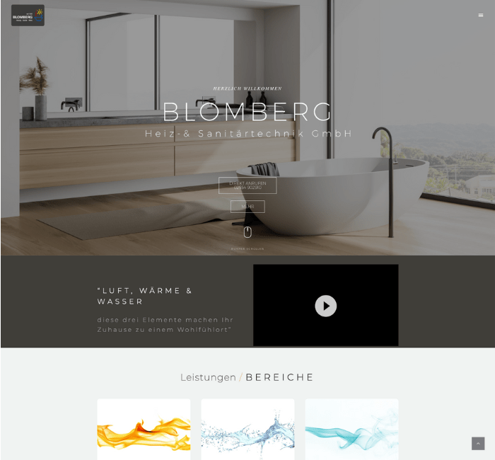 Startseite der Blomberg Heiz & Sanitärtechnik GmbH mit modernem Badezimmer-Design und freistehender Badewanne