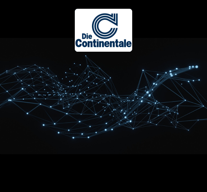 Digitales Netzwerk mit leuchtend blauen Verbindungslinien und Logo von Die Continentale vor schwarzem Hintergrund