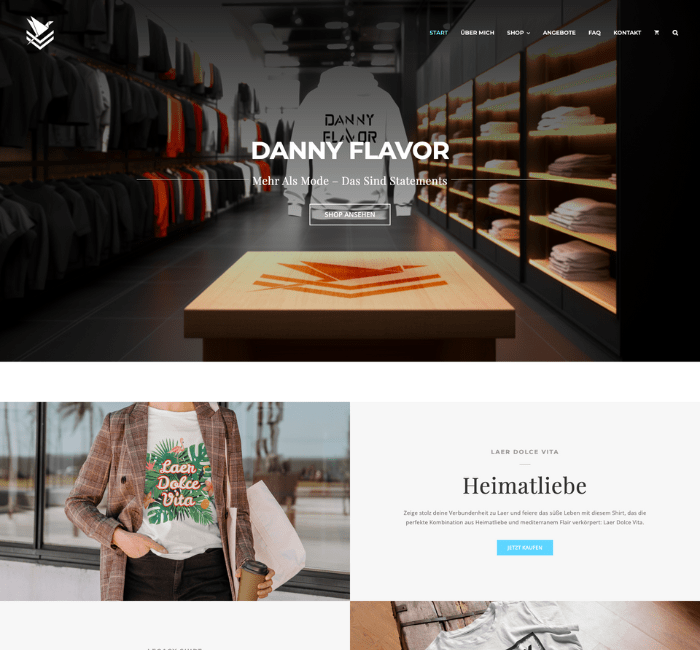 Startseite von Danny Flavor mit modernem Shop-Design, Kleidungsausstellung und Heimatlifestyle-Statement