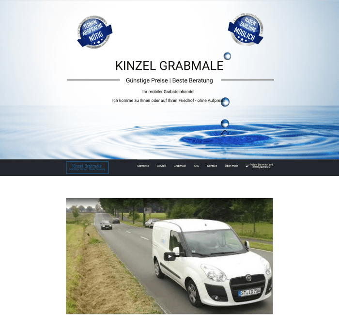 Startseite von Kinzel Grabmale mit Wassertropfen-Motiv und einem Transporter im Video-Thumbnail