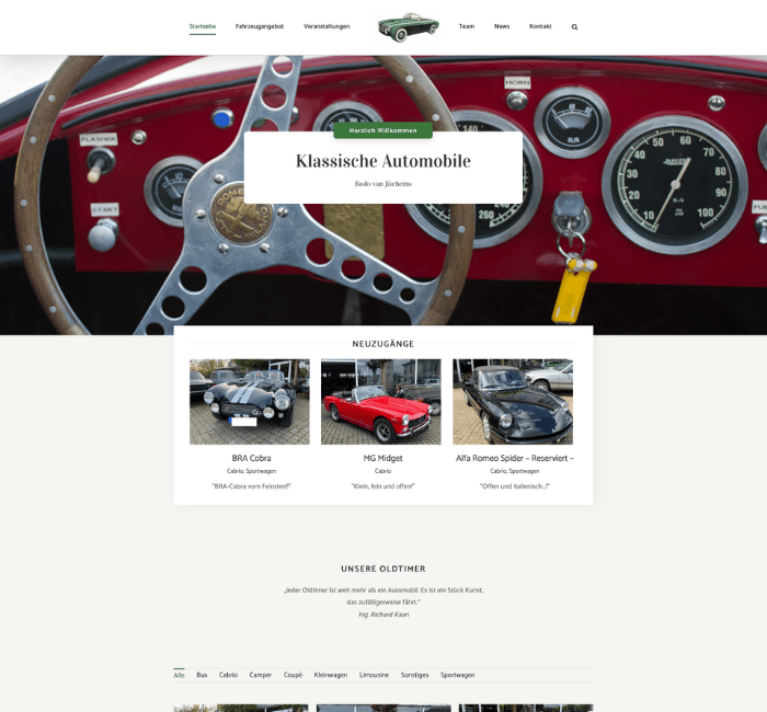 Startseite von Klassische Automobile mit Nahaufnahme eines Oldtimer-Lenkrads und aktuellen Fahrzeug-Neuzugängen