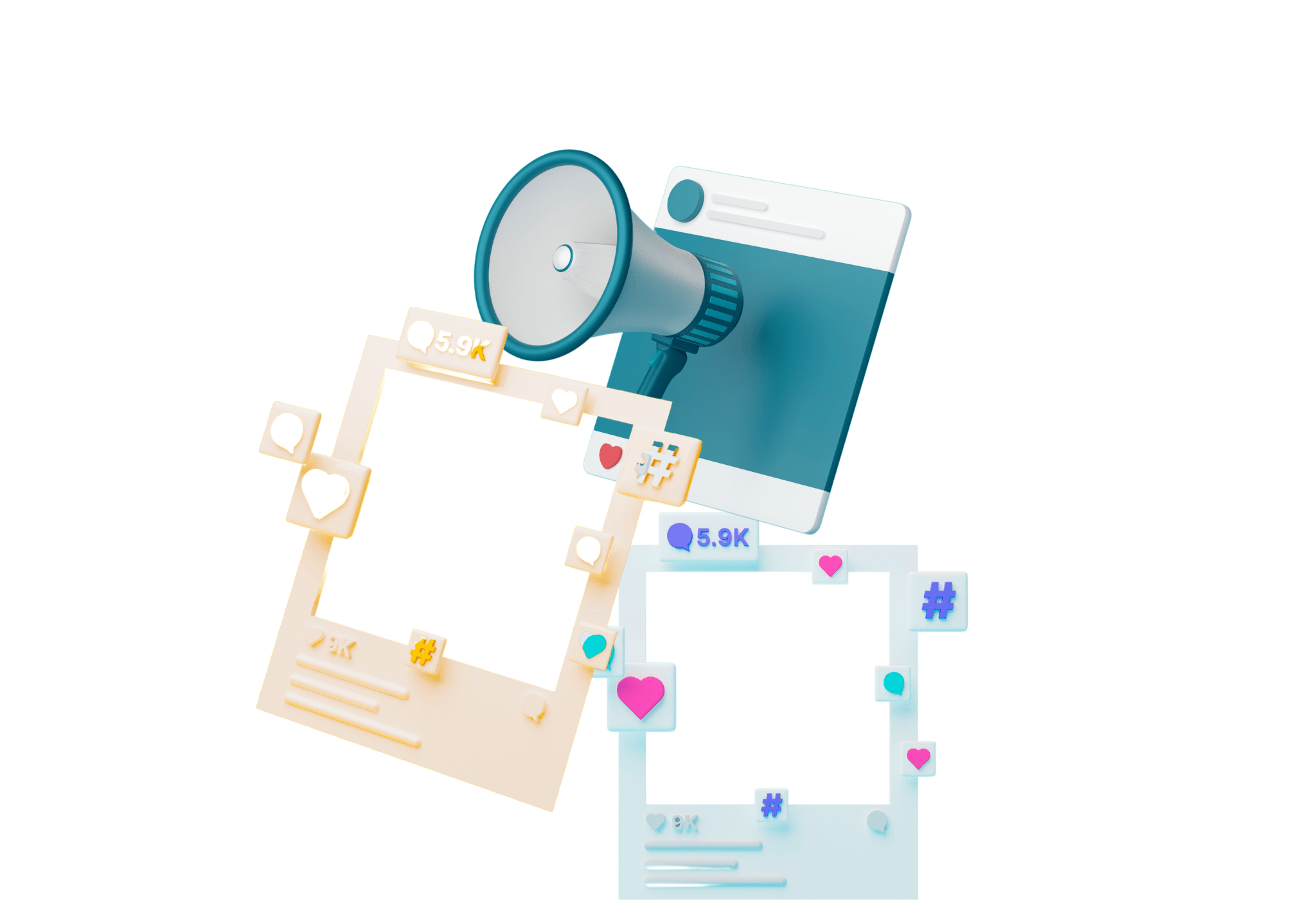 Eine 3D-Illustration von zwei Social-Media-Post-Frames mit einem Megafon, umgeben von „Gefällt mir“-, „Kommentieren“- und „Teilen“-Symbolen. Jeder Frame zeigt ein „5,9K“-Label, ein Herz und Hashtag-Symbole, die Engagement und Interaktion suggerieren.