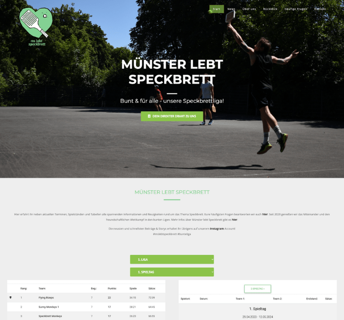 Startseite von Münster lebt Speckbrett mit spielender Person auf einem Platz und Informationen zur Speckbrettliga