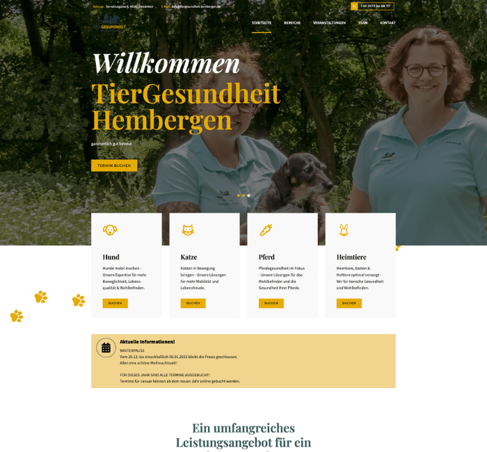 Startseite der TierGesundheit Hembergen mit Teamfoto, Leistungen für Hunde, Katzen, Pferde und Heimtiere