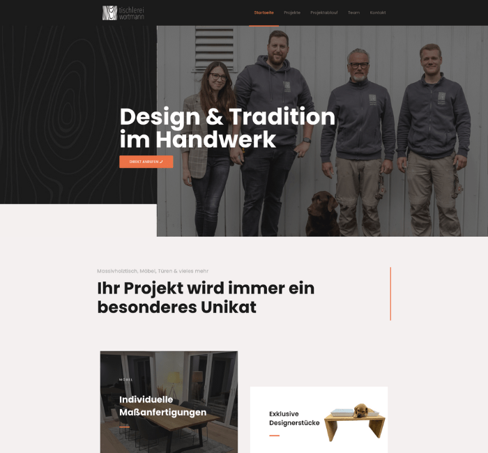 Startseite der Tischlerei Wortmann mit Teamfoto und dem Motto Design & Tradition im Handwerk