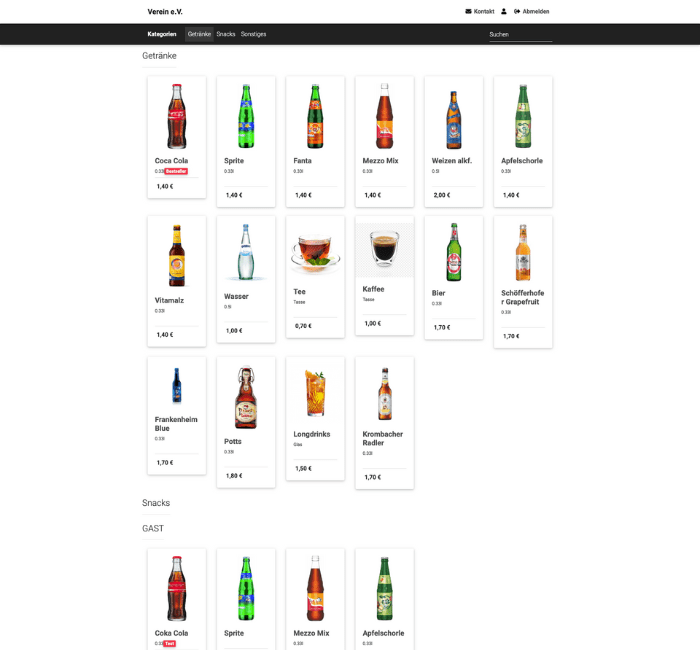 Digitale Getränkekarte eines Vereins mit verschiedenen Getränken und Preisen, darunter Cola, Wasser, Bier und Snacks