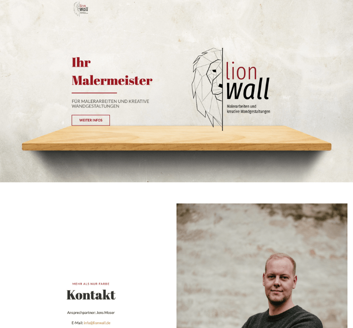 Startseite von Lionwall mit Logo eines Löwen, Holzablage und Kontaktbereich mit Bild des Malermeisters Jens Moser